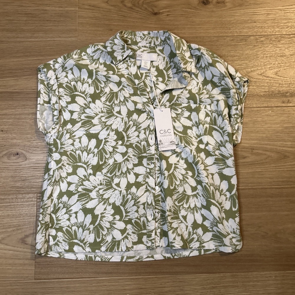 New C&C California Button Up Shirt Womens Small Floral Green Linen Viscose